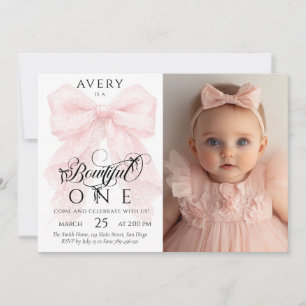 Invitación Foto de cumpleaños de 1 año de niña con lazo rosa