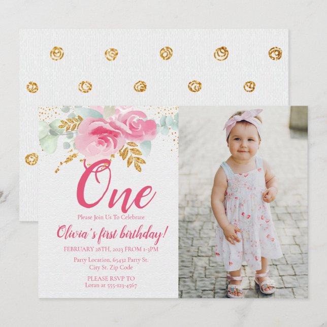 Invitación Foto de cumpleaños de bebé floral rosa de Rubor (Anverso / Reverso)