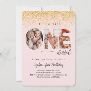 Invitación Foto de cumpleaños de bebé niña con brillo dorado