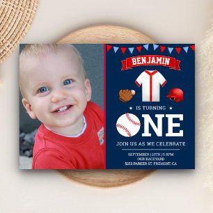 Invitación Foto de cumpleaños de béisbol de primer cumpleaños