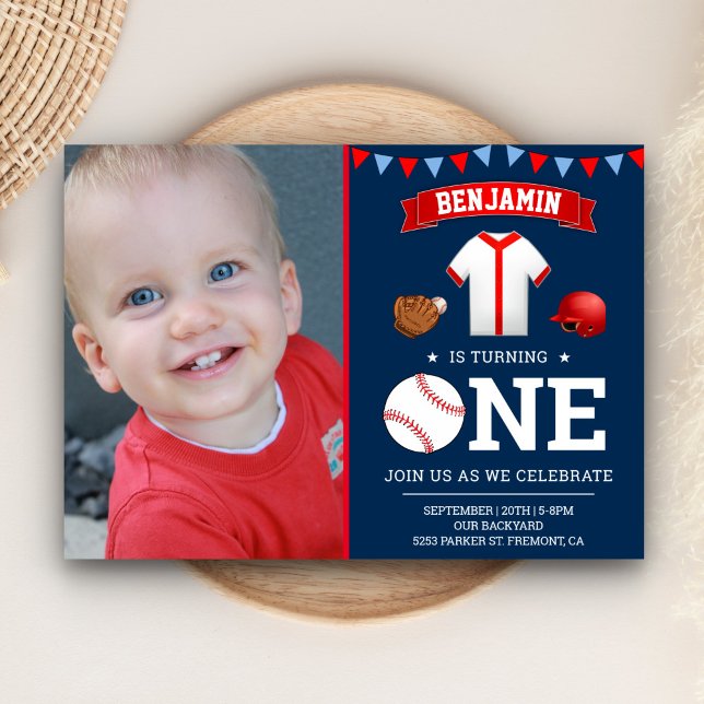 Invitación Foto de cumpleaños de béisbol de primer cumpleaños (Subido por el creador)
