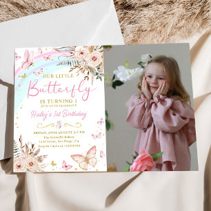 Invitación Foto de cumpleaños de Boho Floral Butterfly Rainbo