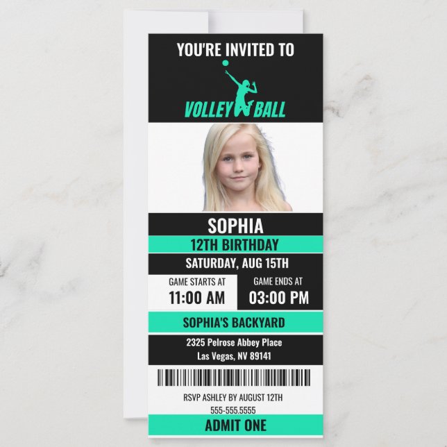 Invitación Foto de cumpleaños de boleto de voleibol negro ver (Anverso)