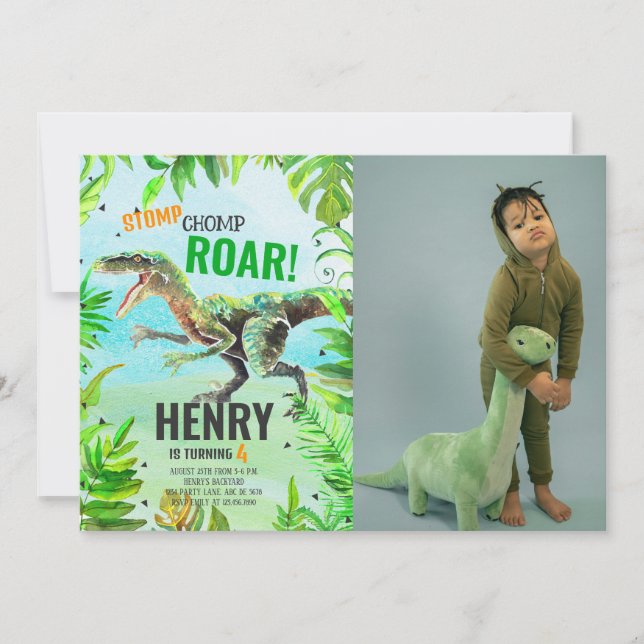 Invitación Foto de cumpleaños de Boy Dinosaur (Anverso)