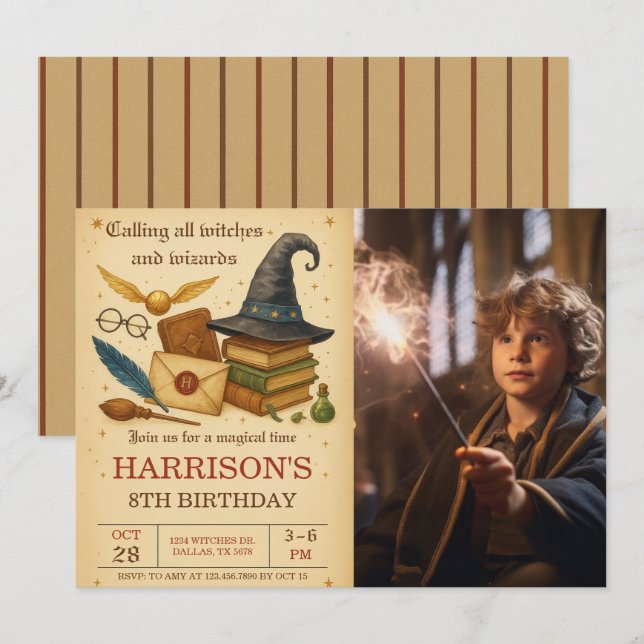 Invitación Foto de cumpleaños de brujas y mago mágico (Anverso / Reverso)