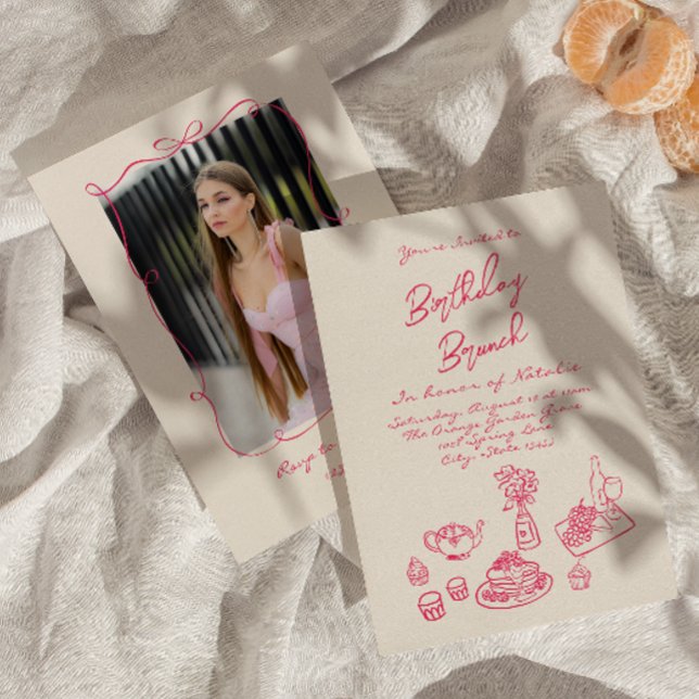 Invitación Foto de cumpleaños de brunch rosa dibujada a mano (Subido por el creador)