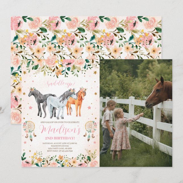 Invitación Foto de cumpleaños de caballo floral (Anverso / Reverso)