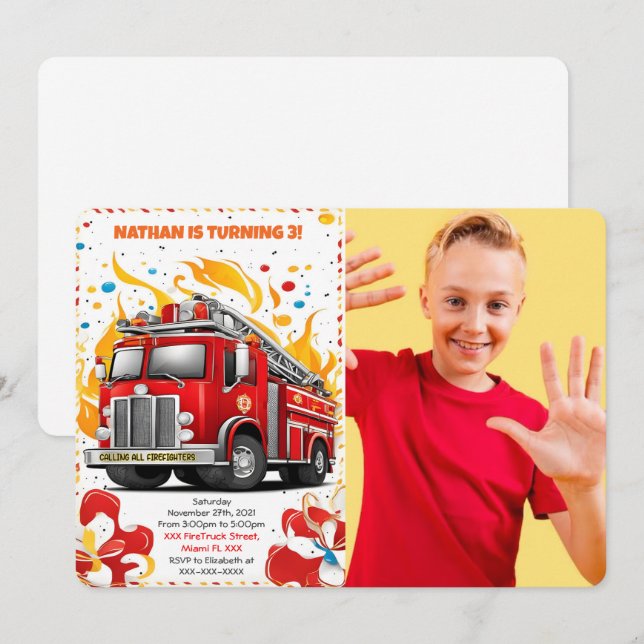 Invitación Foto de cumpleaños de camión de bomberos editable (Anverso / Reverso)