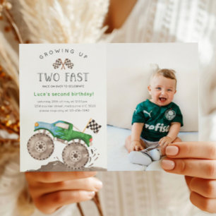 Invitación Foto de cumpleaños de camión monstruo verde Two Fa