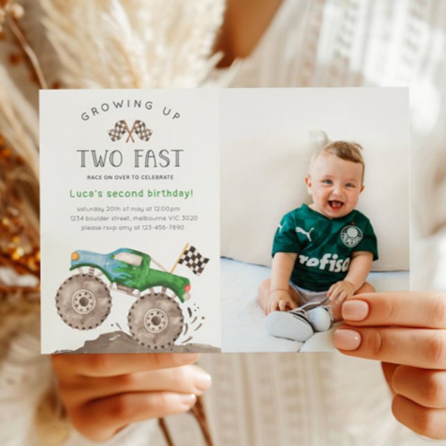 Invitación Foto de cumpleaños de camión monstruo verde Two Fa (Subido por el creador)