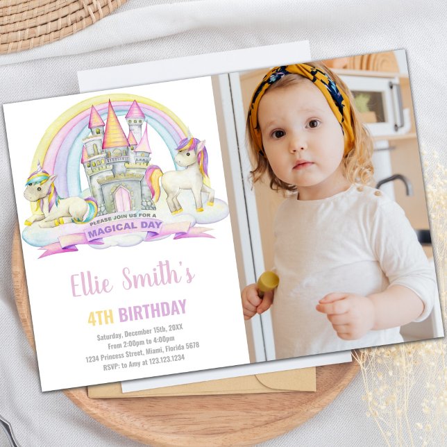 Invitación Foto de cumpleaños de Castle Under Rainbow Unicorn (Castle Under Rainbow Unicorn Birthday photo Invitation)