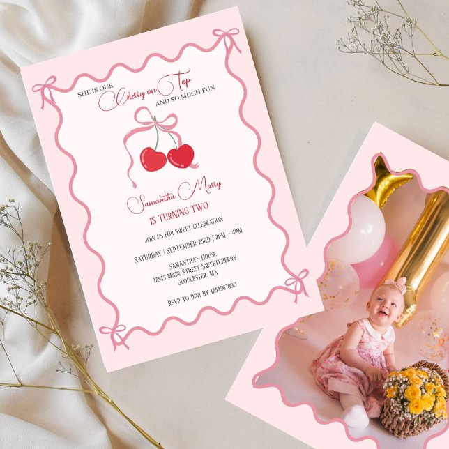 Invitación Foto de cumpleaños de cereza en la cima rosada (Subido por el creador)