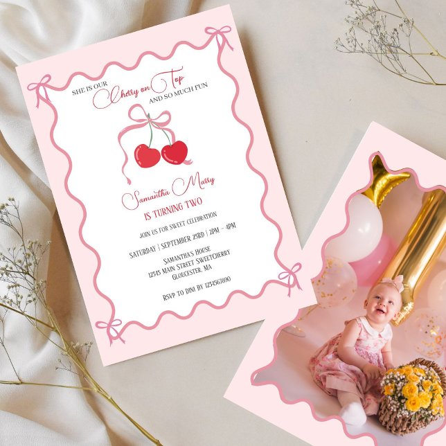 Invitación Foto de cumpleaños de cereza en la cima rosada (Subido por el creador)