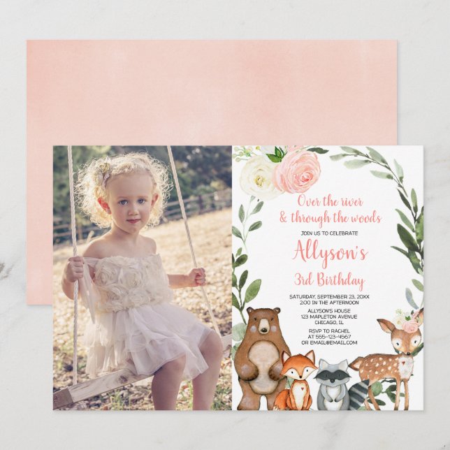 Invitación Foto de cumpleaños de chica de bosques lindos rosa (Anverso / Reverso)
