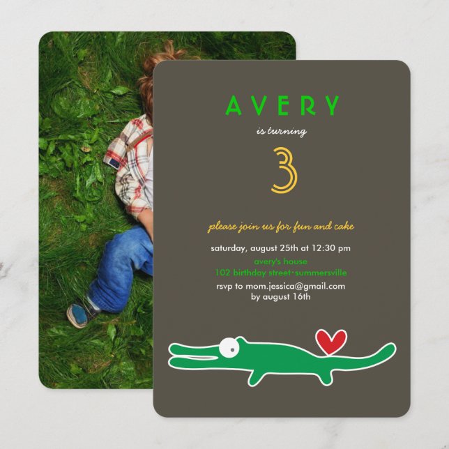 Invitación Foto de cumpleaños de cocodrilo verde de dibujos a (Anverso / Reverso)