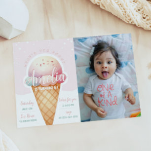 Invitación Foto de cumpleaños de Crema de Hielo Rosa chica