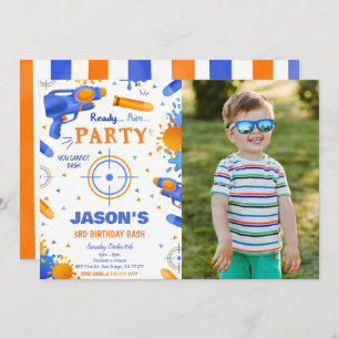 Invitación Foto de cumpleaños de Dart Gun azul y Naranja