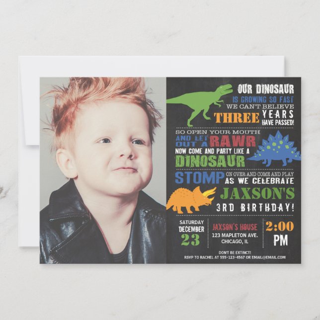 Invitación Foto de cumpleaños de Dinosaur, niño rugido de tiz (Anverso)