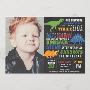 Invitación Foto de cumpleaños de Dinosaur, niño rugido de tiz
