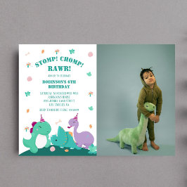 Invitación Foto de cumpleaños de dinosaurio lindo Stomp Chomp