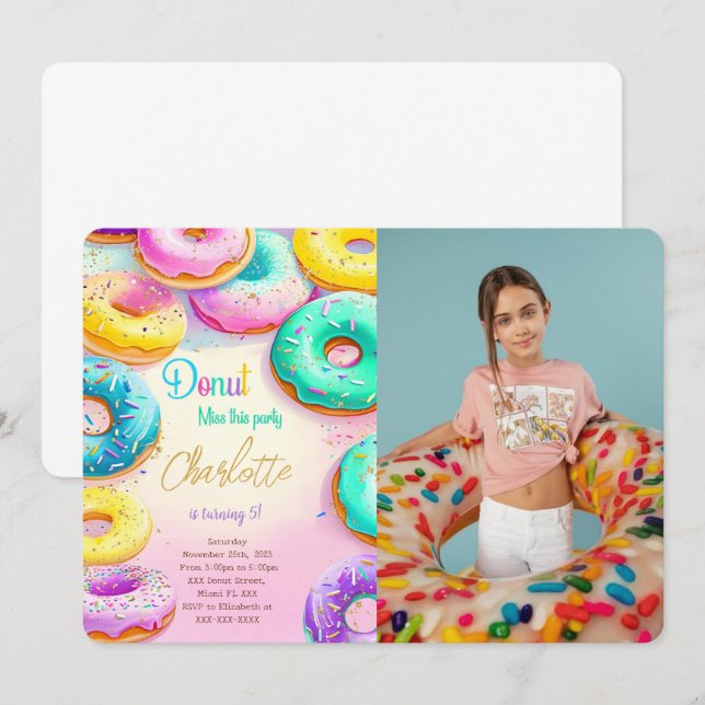 Invitación Foto de cumpleaños de donut azul y verde (Anverso / Reverso)