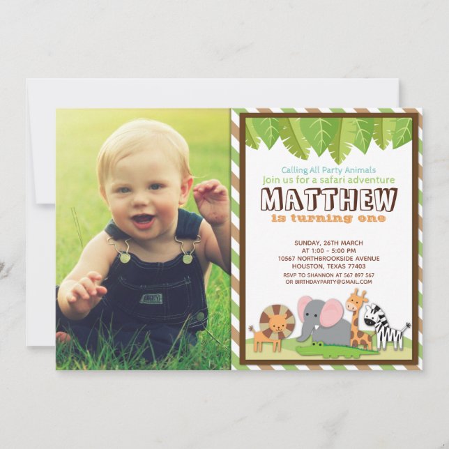 Invitación Foto de cumpleaños de fiesta Animales Jungle Safar (Anverso)