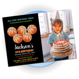 Invitación Foto de cumpleaños de Five Black Naranja Basketbal