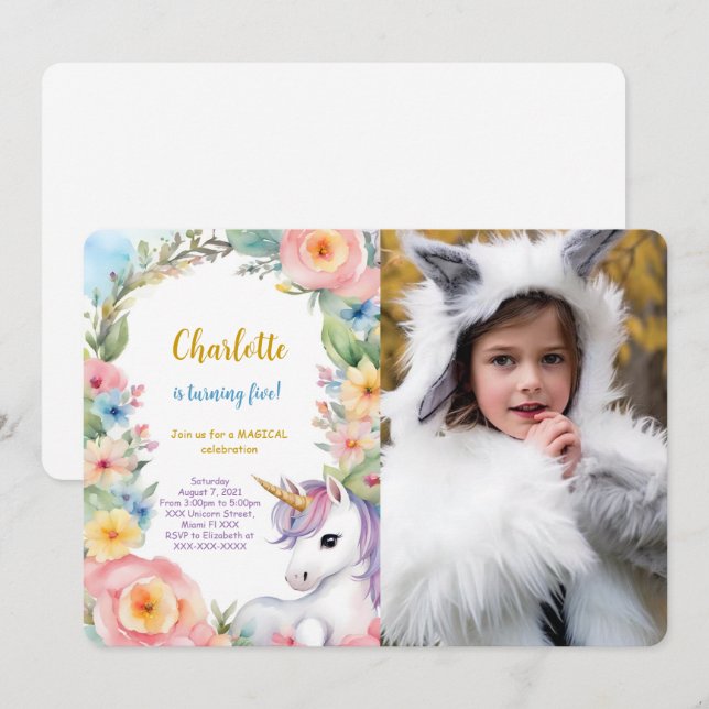 Invitación Foto de cumpleaños de Floral Unicornio (Anverso / Reverso)