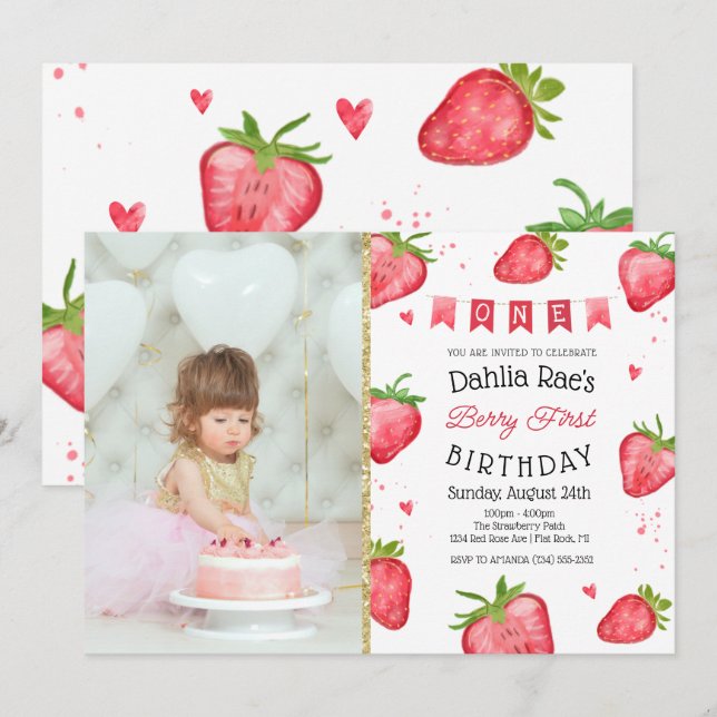 Invitación Foto de cumpleaños de fresa del primer cumpleaños  (Anverso / Reverso)