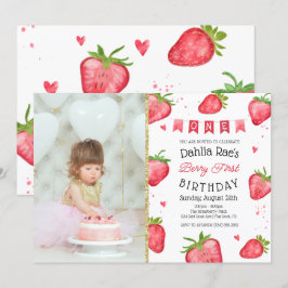 Invitación Foto de cumpleaños de fresa del primer cumpleaños 