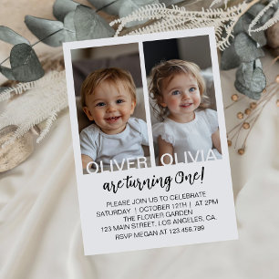 Invitación Foto de cumpleaños de gemelos blancos y negros min