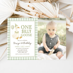 Invitación Foto de cumpleaños de Green Gingham One Silly Goos