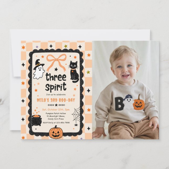 Invitación Foto de cumpleaños de Halloween con Gingham Three  (Anverso)