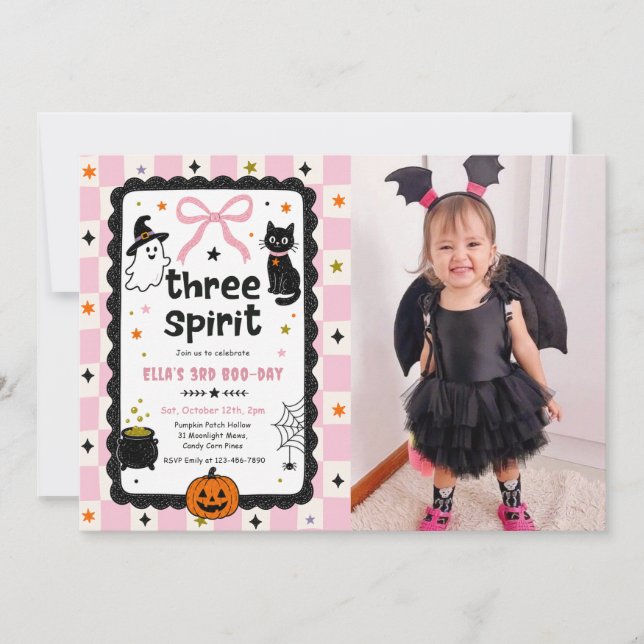 Invitación Foto de cumpleaños de Halloween con Gingham Three  (Anverso)