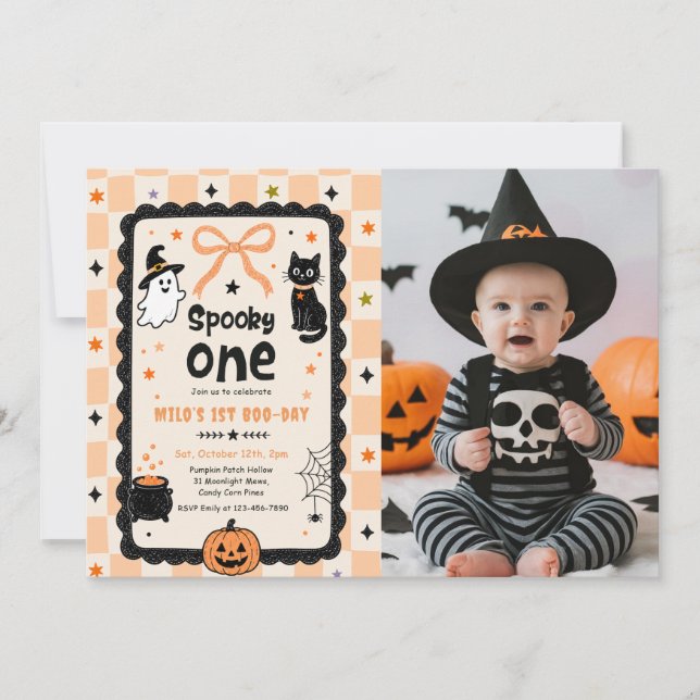 Invitación Foto de cumpleaños de Halloween de Gingham Spooky  (Anverso)