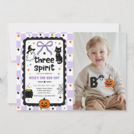 Invitación Foto de cumpleaños de Halloween de Gingham Three o