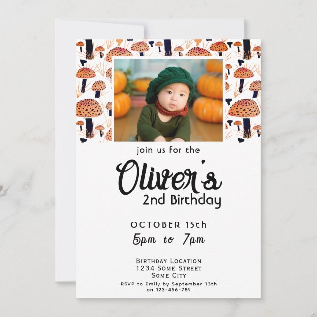 Invitación Foto de cumpleaños de Halloween de hongo naranja d (Anverso)