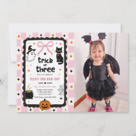 Invitación Foto de cumpleaños de Halloween Gingham Trick Or T
