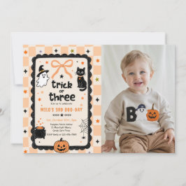 Invitación Foto de cumpleaños de Halloween Gingham Trick Or T