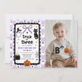 Invitación Foto de cumpleaños de Halloween Gingham Trick Or T