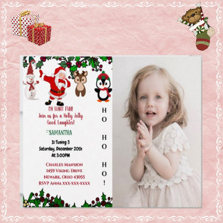 Invitación Foto de cumpleaños de Holly Jolly Santa Snowman Na