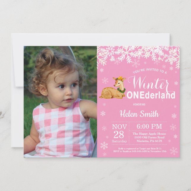 Invitación Foto de cumpleaños de invierno Onederland Deer Gir (Anverso)