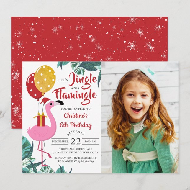 Invitación Foto de cumpleaños de Jingle Flamingo Navidades tr (Anverso / Reverso)
