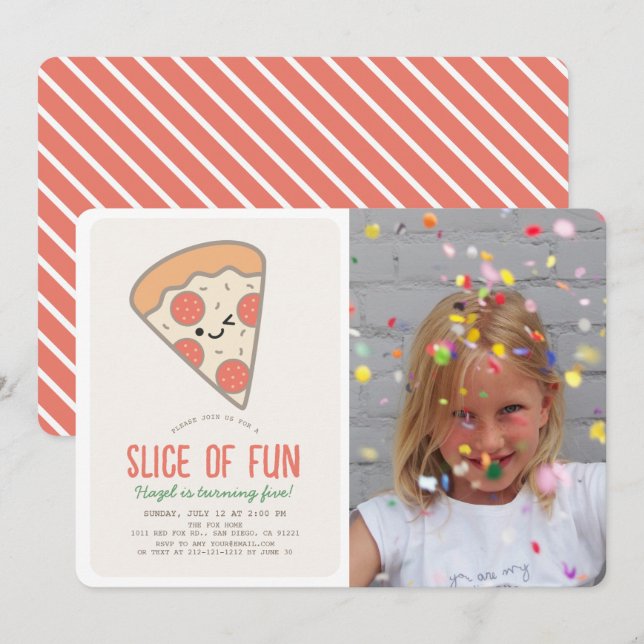 Invitación Foto de cumpleaños de Kawaii, Fiesta de Pizza dive (Anverso / Reverso)