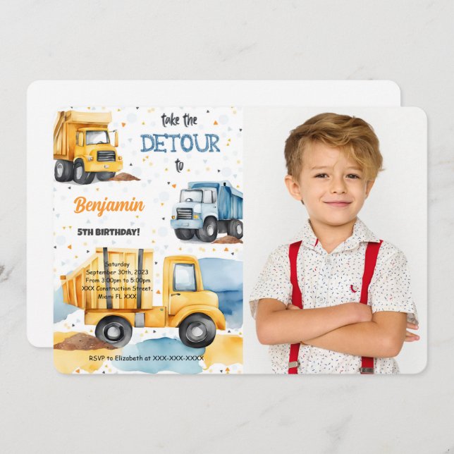 Invitación Foto de cumpleaños de la construcción (Anverso / Reverso)