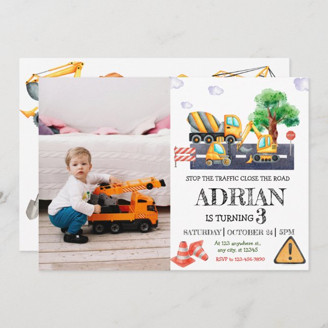 Invitación Foto de cumpleaños de la construcción moderna (Anverso / Reverso)