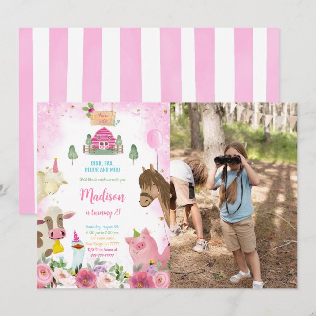 Invitación Foto de cumpleaños de la granja de Chicas Cute (Anverso / Reverso)