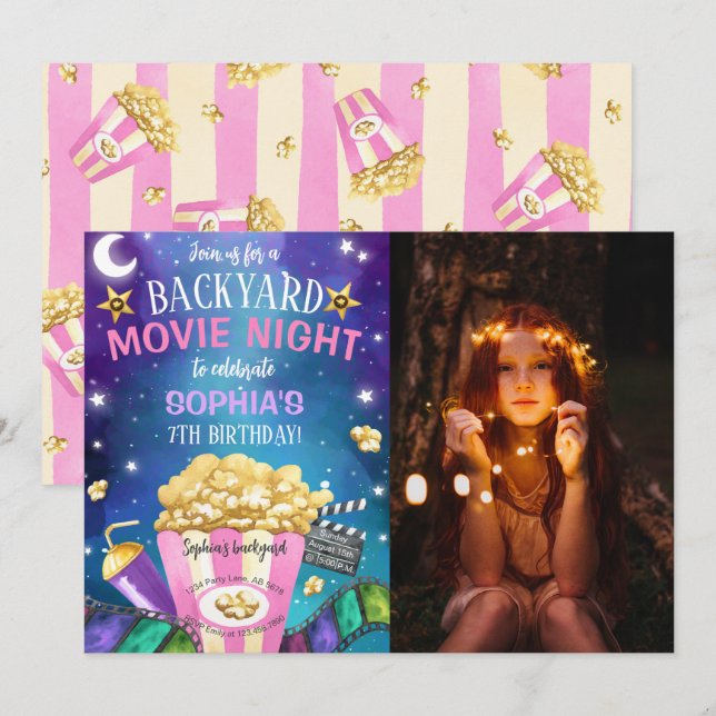 Invitación Foto de cumpleaños de la noche de la película en e (Anverso / Reverso)