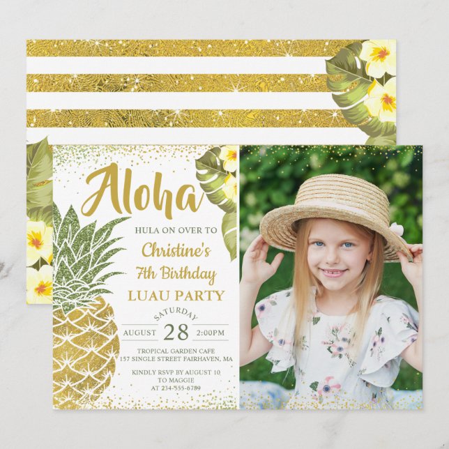 Invitación Foto de cumpleaños de la piña Purpurina de oro tro (Anverso / Reverso)