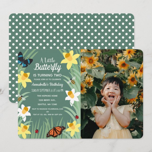 Invitación Foto de cumpleaños de la primavera de una mariposa (Anverso / Reverso)